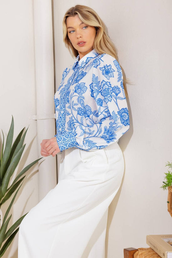 Printed Elegance Button Top