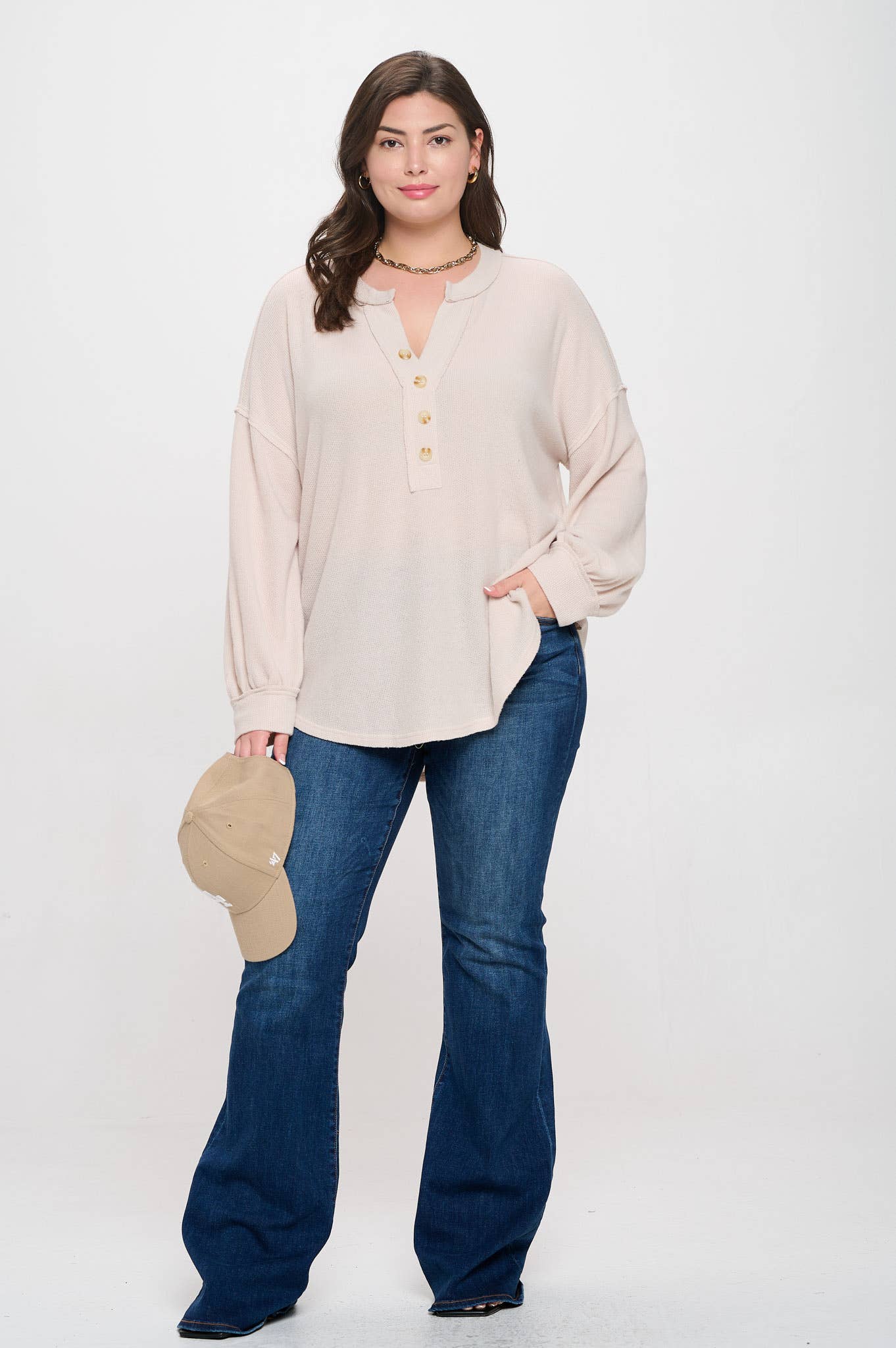 Curvy Half Button Long Sleeve