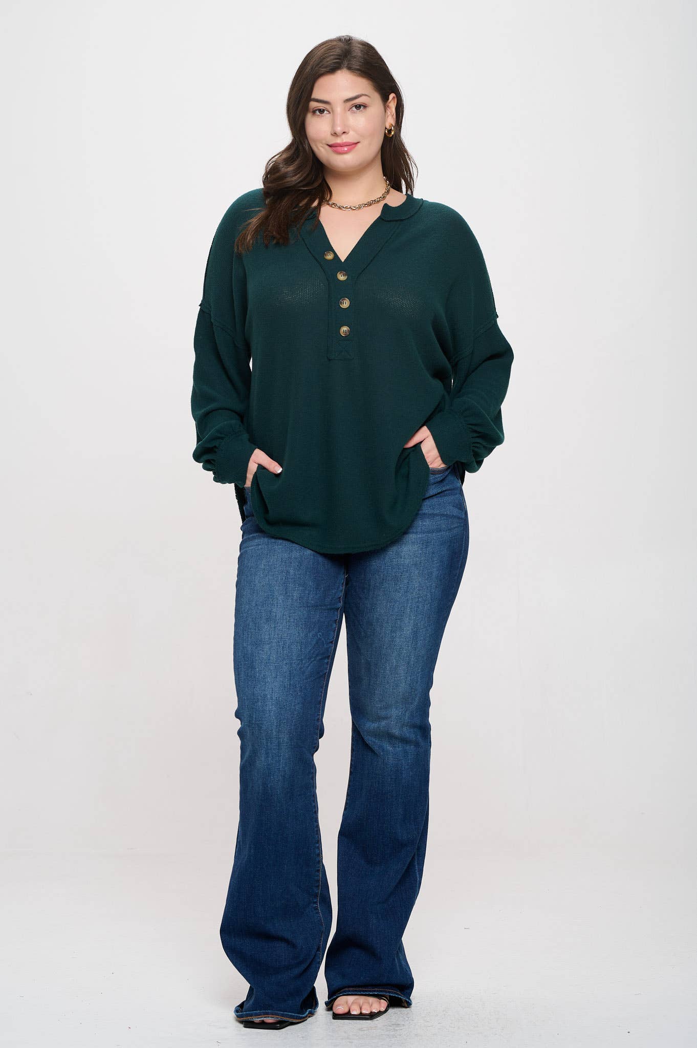 Curvy Half Button Long Sleeve