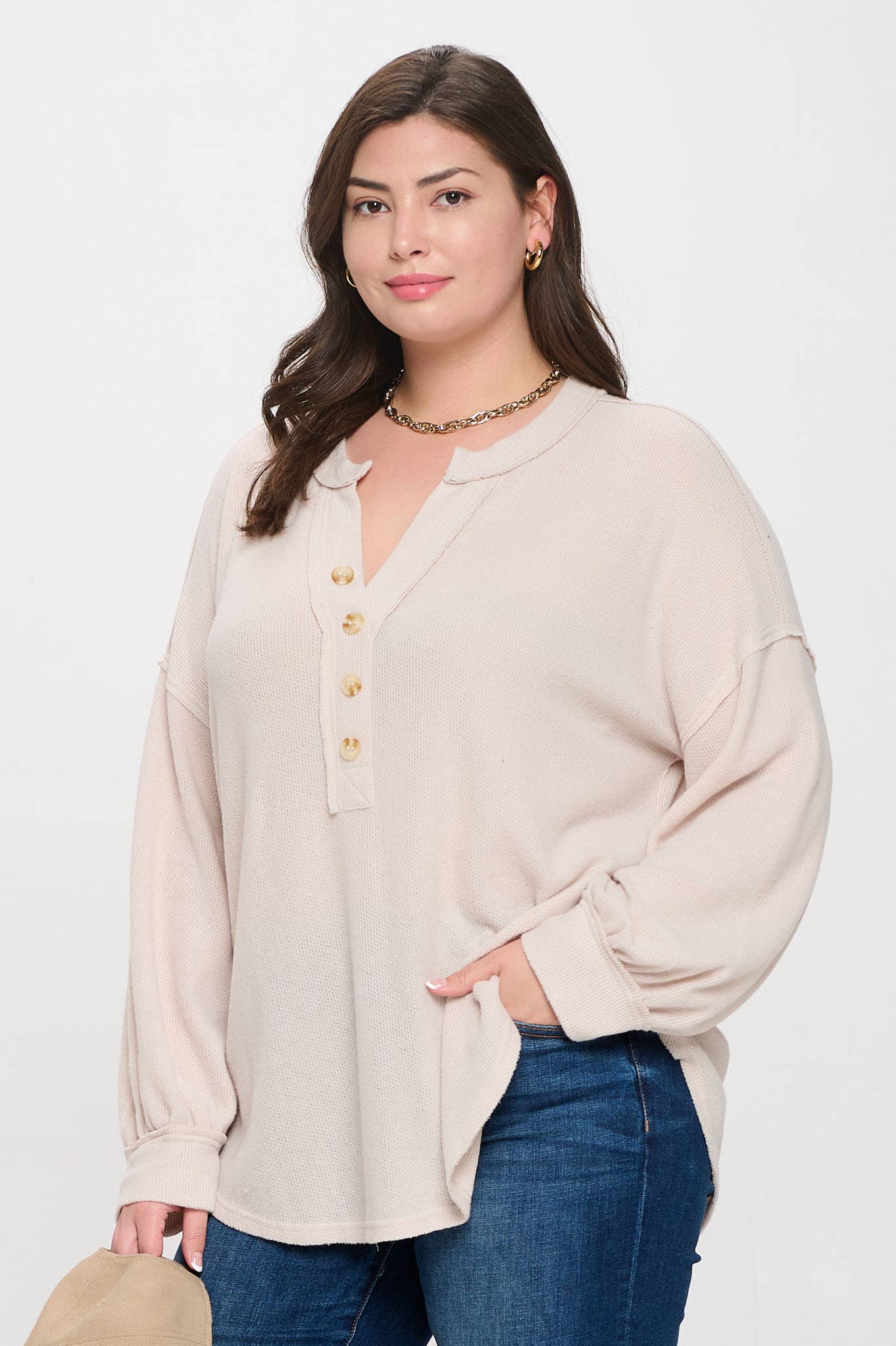 Curvy Half Button Long Sleeve