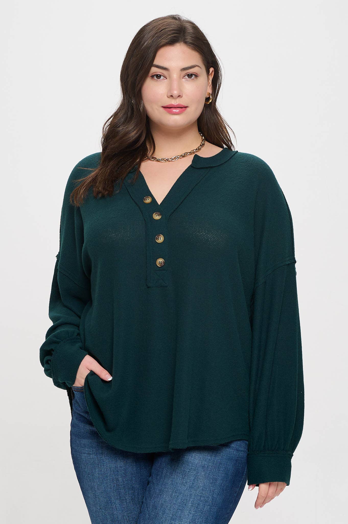 Curvy Half Button Long Sleeve