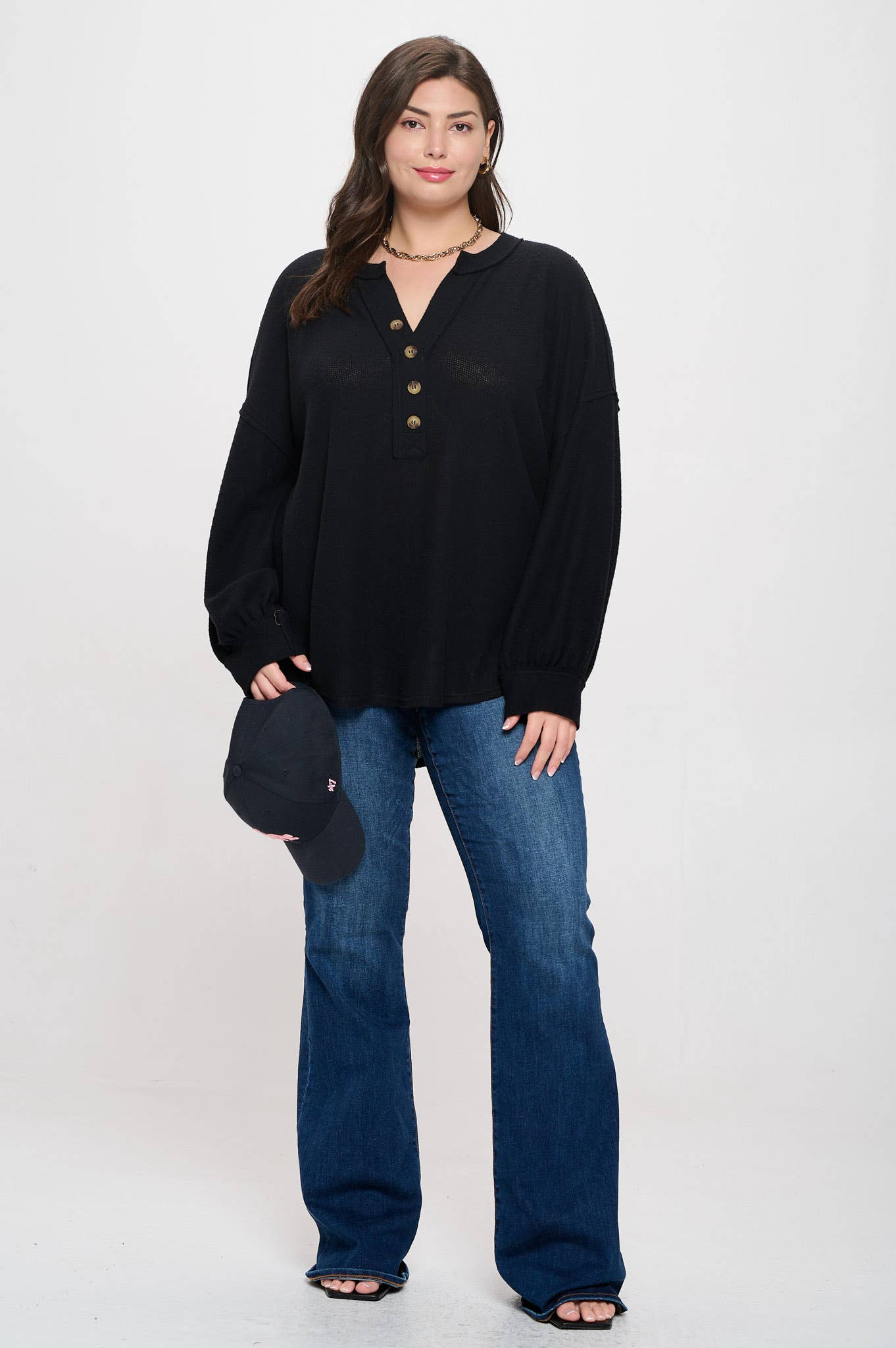 Curvy Half Button Long Sleeve