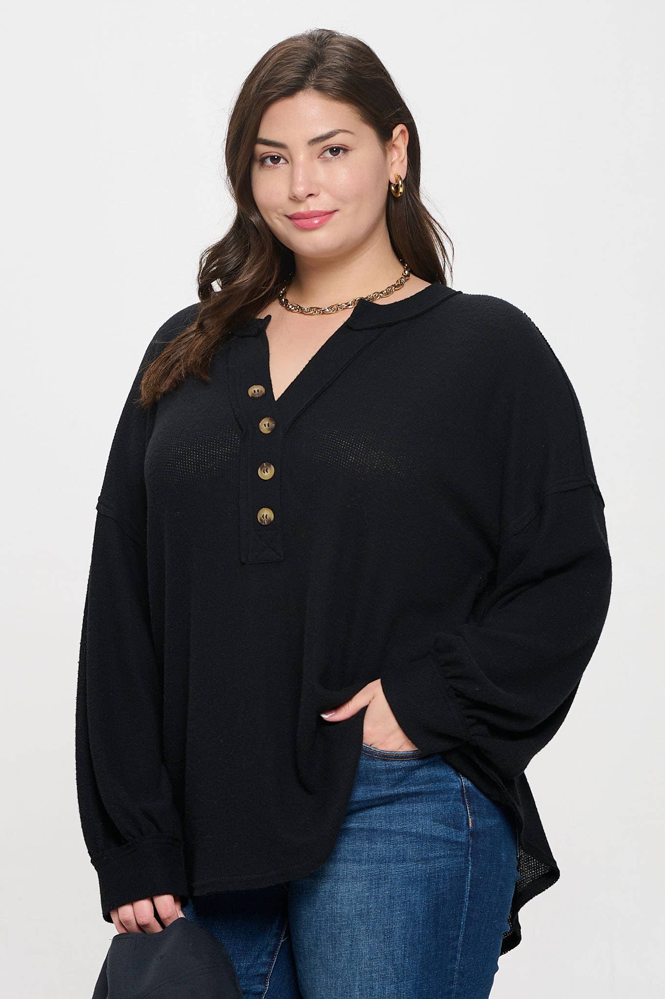 Curvy Half Button Long Sleeve