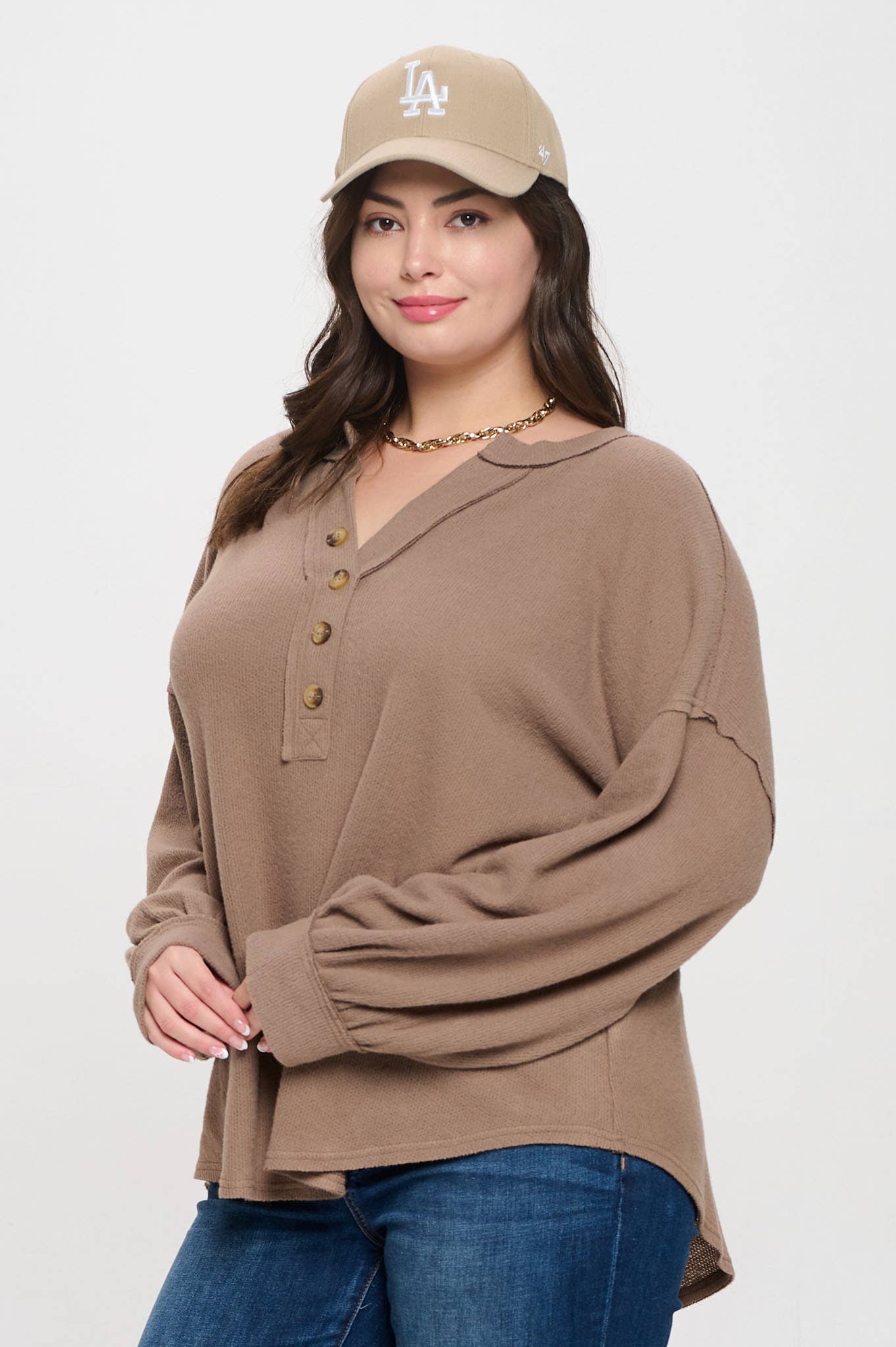 Curvy Half Button Long Sleeve