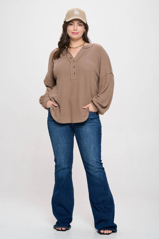 Curvy Half Button Long Sleeve