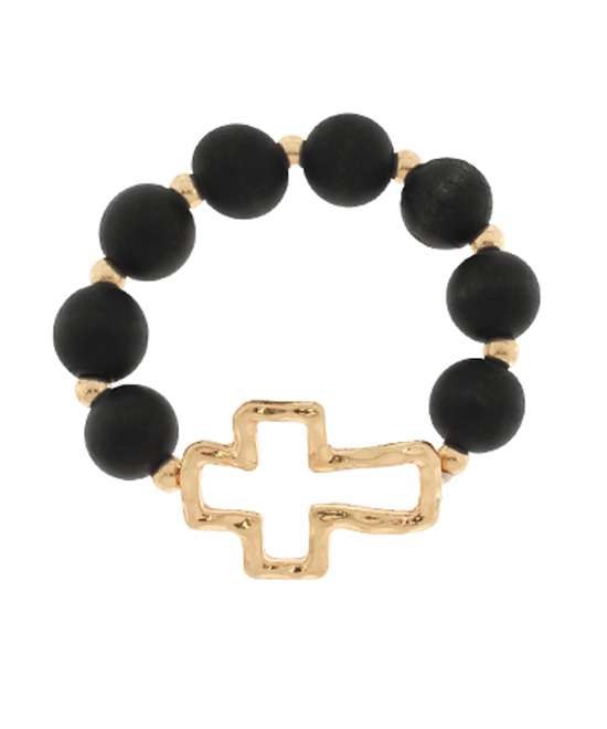 Wood Bead Metal Cross Stretch Bracelet