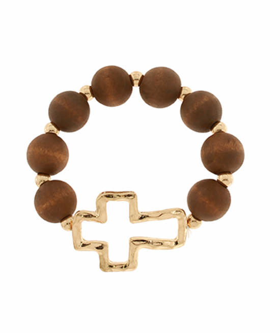 Wood Bead Metal Cross Stretch Bracelet