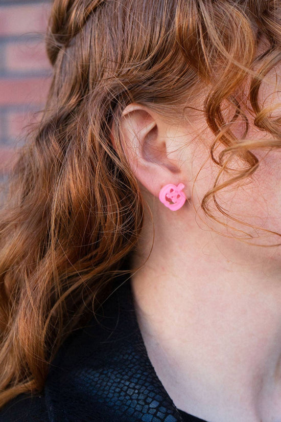 Jack O' Lantern Pumpkin Studs - Pink Glitter // Halloween Earrings